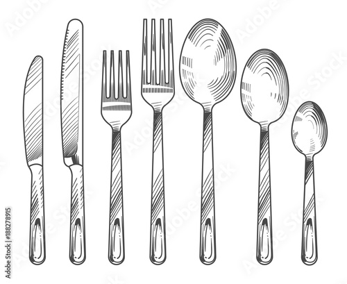Fotografia Sketch silver knife, fork and spoon