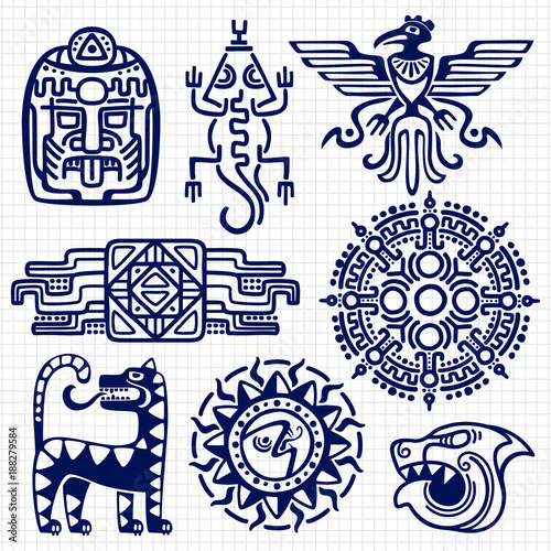 Ballpoint pen american aztec, mayan culture native totems on notebook background