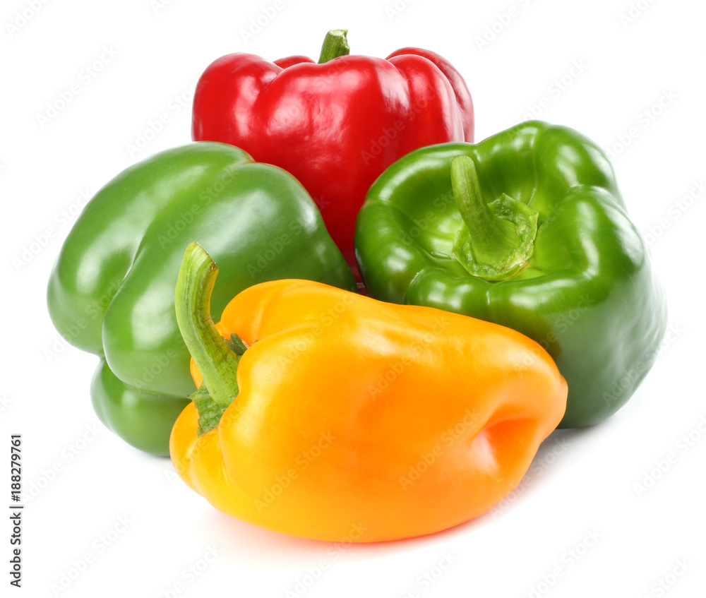 four green, red, yellow sweet bell peppers isolated on white background four green, red, yellow sweet bell peppers isolated on white background