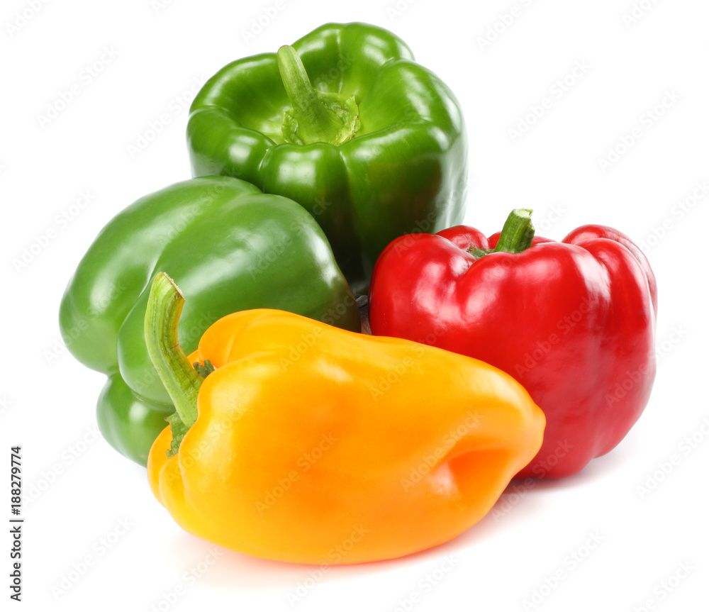 four green, red, yellow sweet bell peppers isolated on white background four green, red, yellow sweet bell peppers isolated on white background