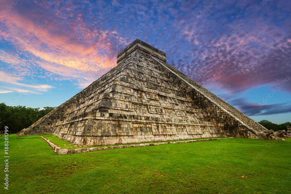 Kukulkan pyramid in Chichen Itza at sunset, Mexico