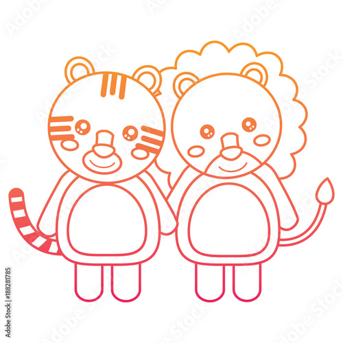 cute animals lion and tiger babies vector illustration color line design