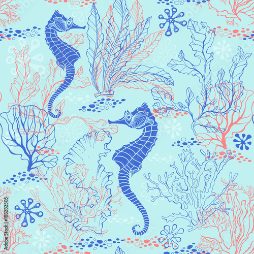 Seamless pattern with seahorses and underwater plants.Vector illustration.