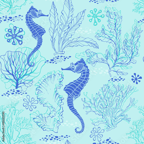 Seamless pattern with seahorses and underwater plants. Vector illustration.