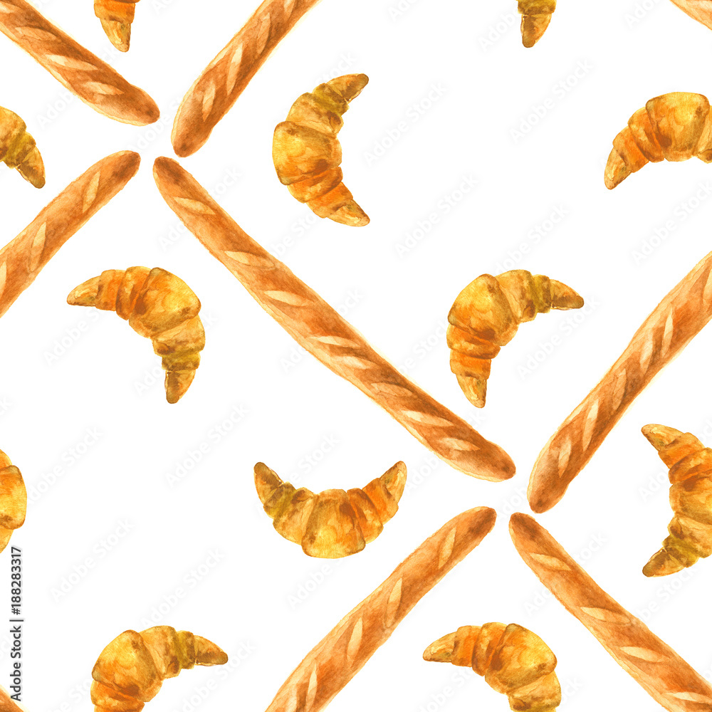 PrintSeamless watercolor pattern with French baguettes and croissants. PrintSeamless watercolor pattern with French baguettes and croissants.