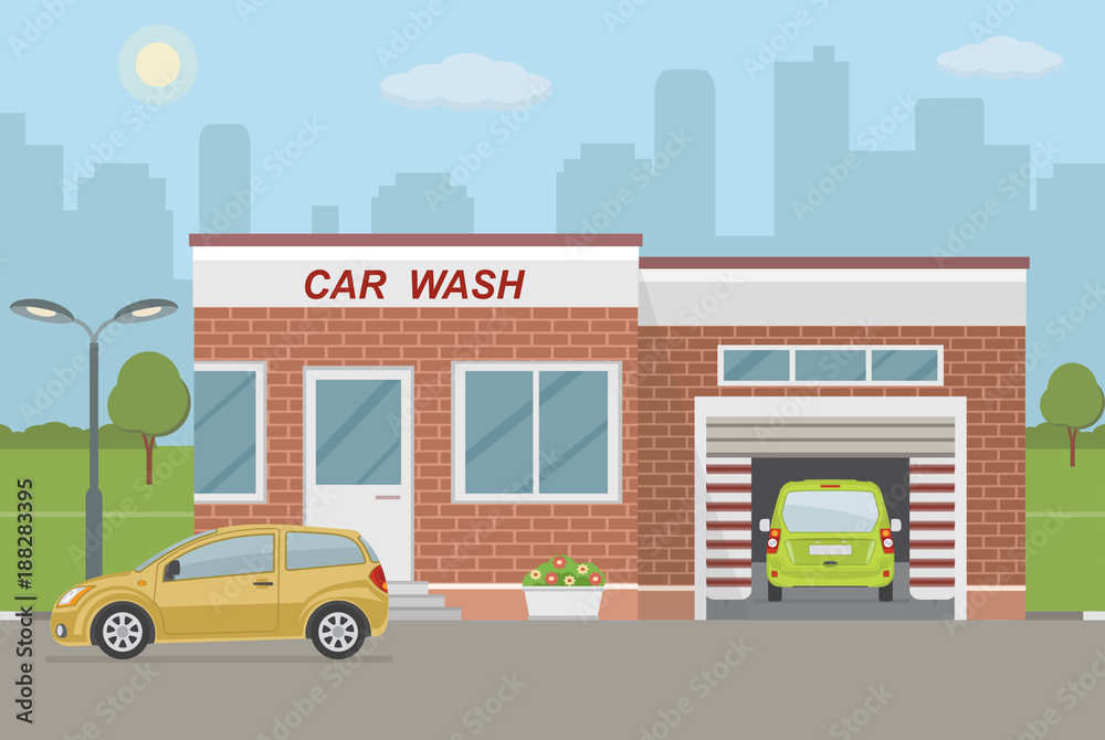 Car wash station and two cars on city background. Flat style, vector illustration. 
