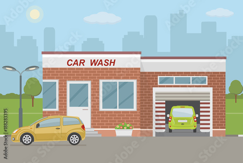 Car wash station and two cars on city background. Flat style, vector illustration. 
