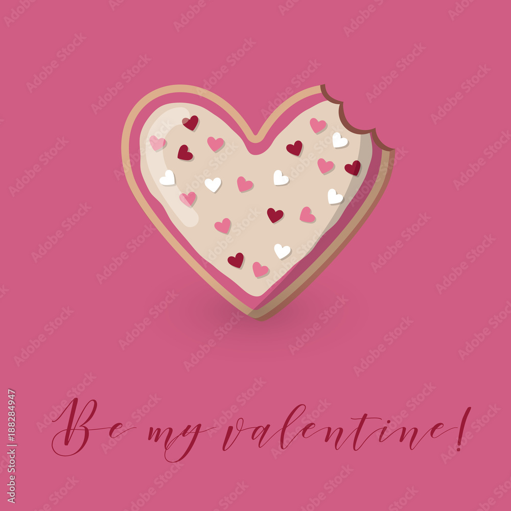 Be my valentine card with heart shape decorated bitten cookie. Love
