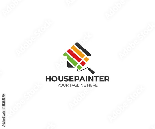 House painting logo template. House and roller brush vector design. House renovation illustration