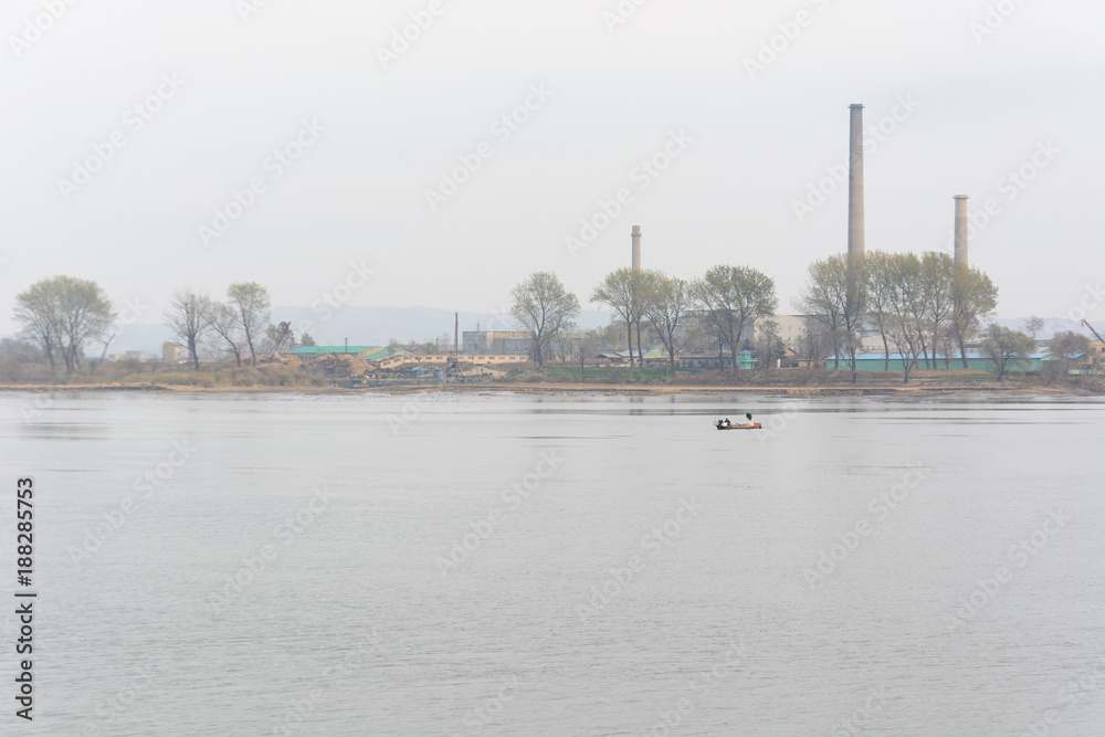 Yalu River Bridge and Landscape of North Korea. Taken from Dandong, Liaoning, China.