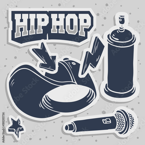 Hip Hop Stickers Design With Baseball Hat Snapback Flexfit Mic Microphone Graffiti Paint Spray Can Baloon Related Symbols