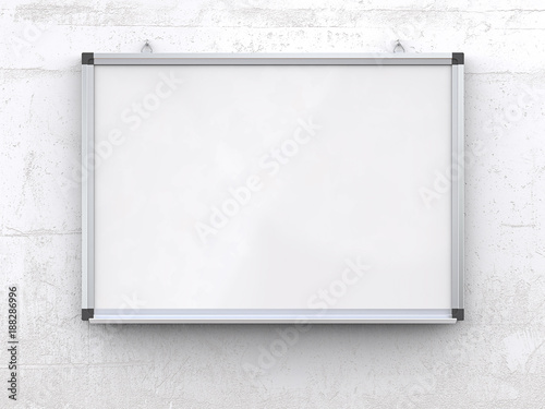 Whiteboard on concrete wall. Blank Whiteboard on rough white concrete wall. Scratched surface, blank for copy space. 3d render,