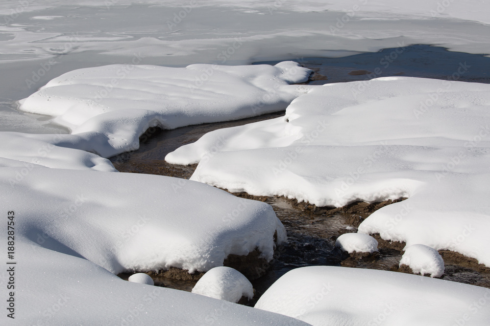 A small stream zigzags through a snow covered field into a frozen lake