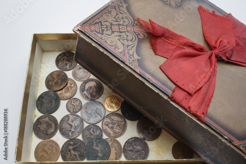 Treaasure box with pennies and gold photo