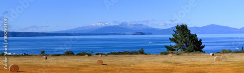 Picturesque Lake Taupo and volcanoes