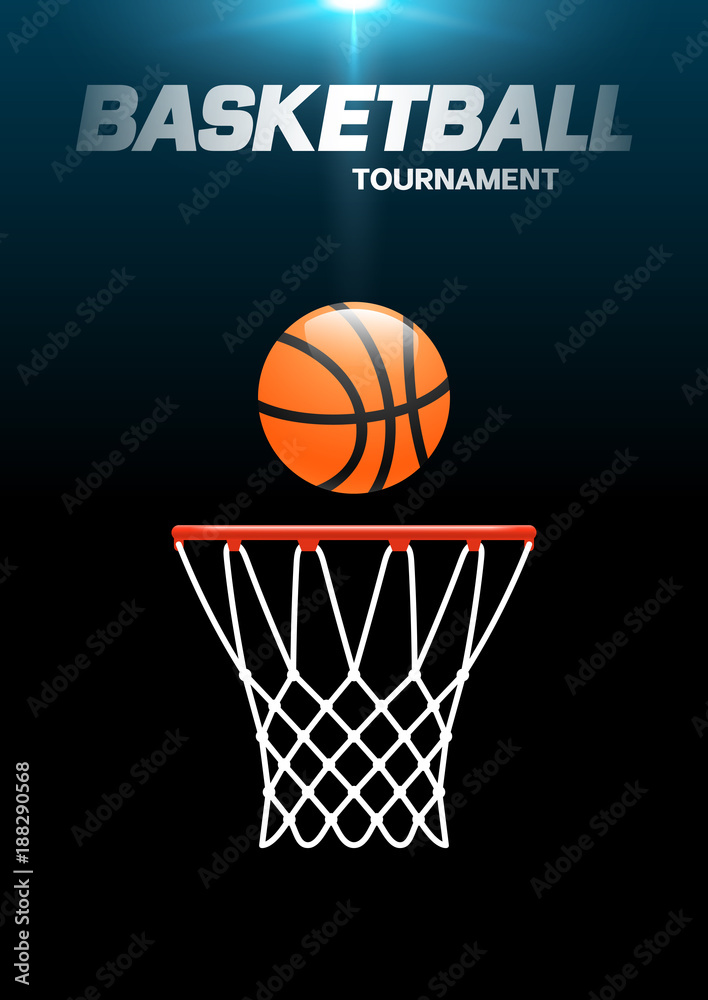 Flyer or web banner design with basketball hoop and ball icon
