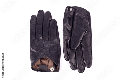 Black leather women's gloves isolated on white background