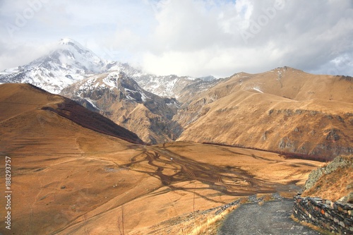 Mount Kazbek is one of the major mountains of the Caucasus located on Kazbegi District in  Georgia