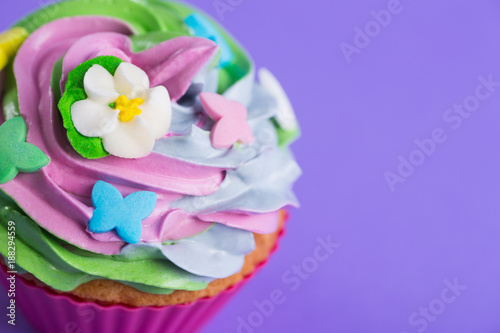 Closeup cupcake creamy multicolored top decorated with colorful flowers and butterflies on violet background