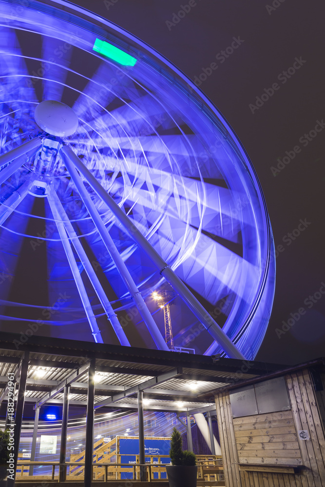 Travel Destinations and Concepts. The Helsinki Skywheel in Finland, Shot Using Long Shutter Speed at Night. During Christmas Time.