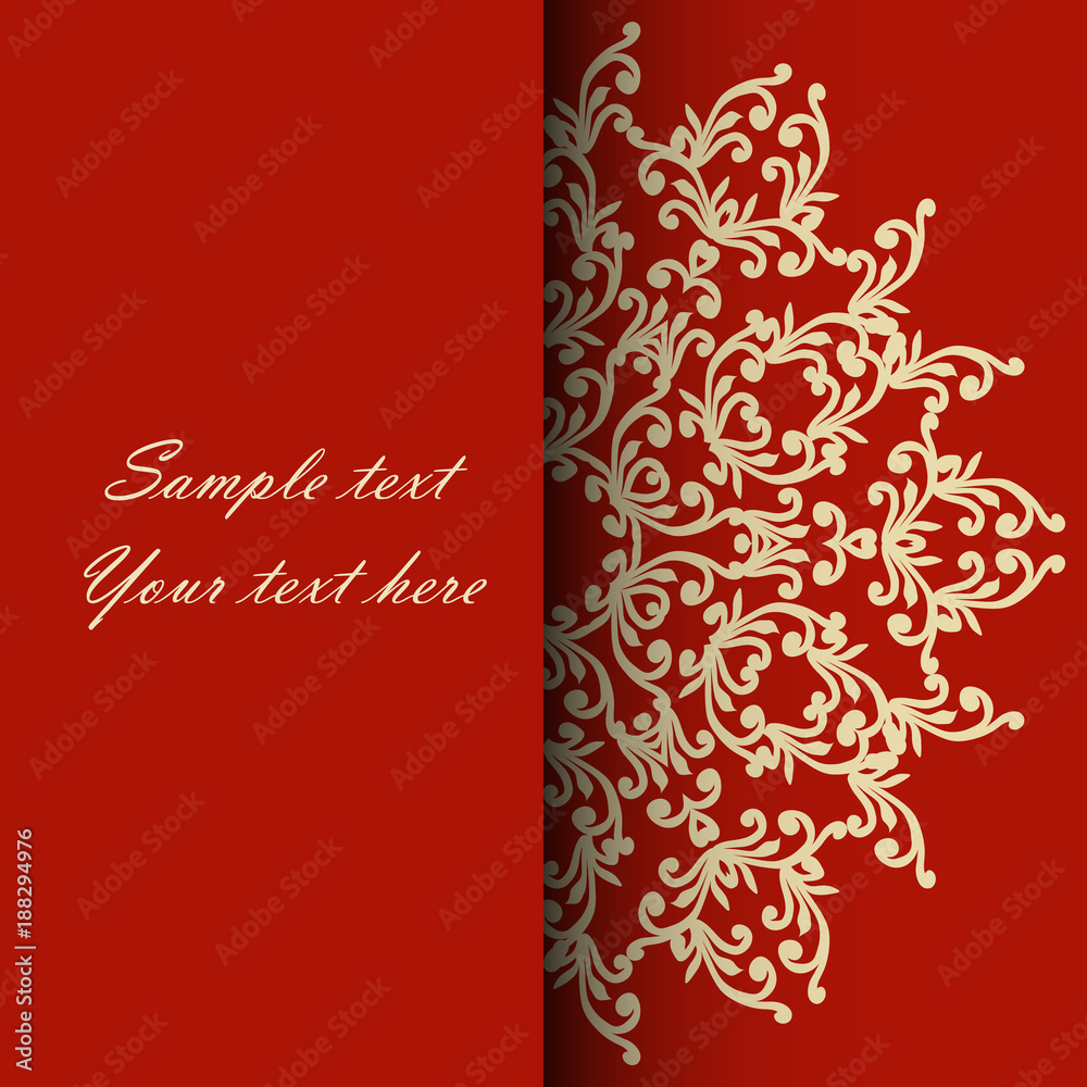 Invitation card for the wedding, anniversary, birthday and other holidays. Gold Illustrations on a red background with place for text. Can be used as a brochure, signboard, advertisement. EPS10