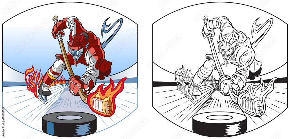 Fototapeta premium Devil Mascot Playing Ice Hockey Vector Cartoon