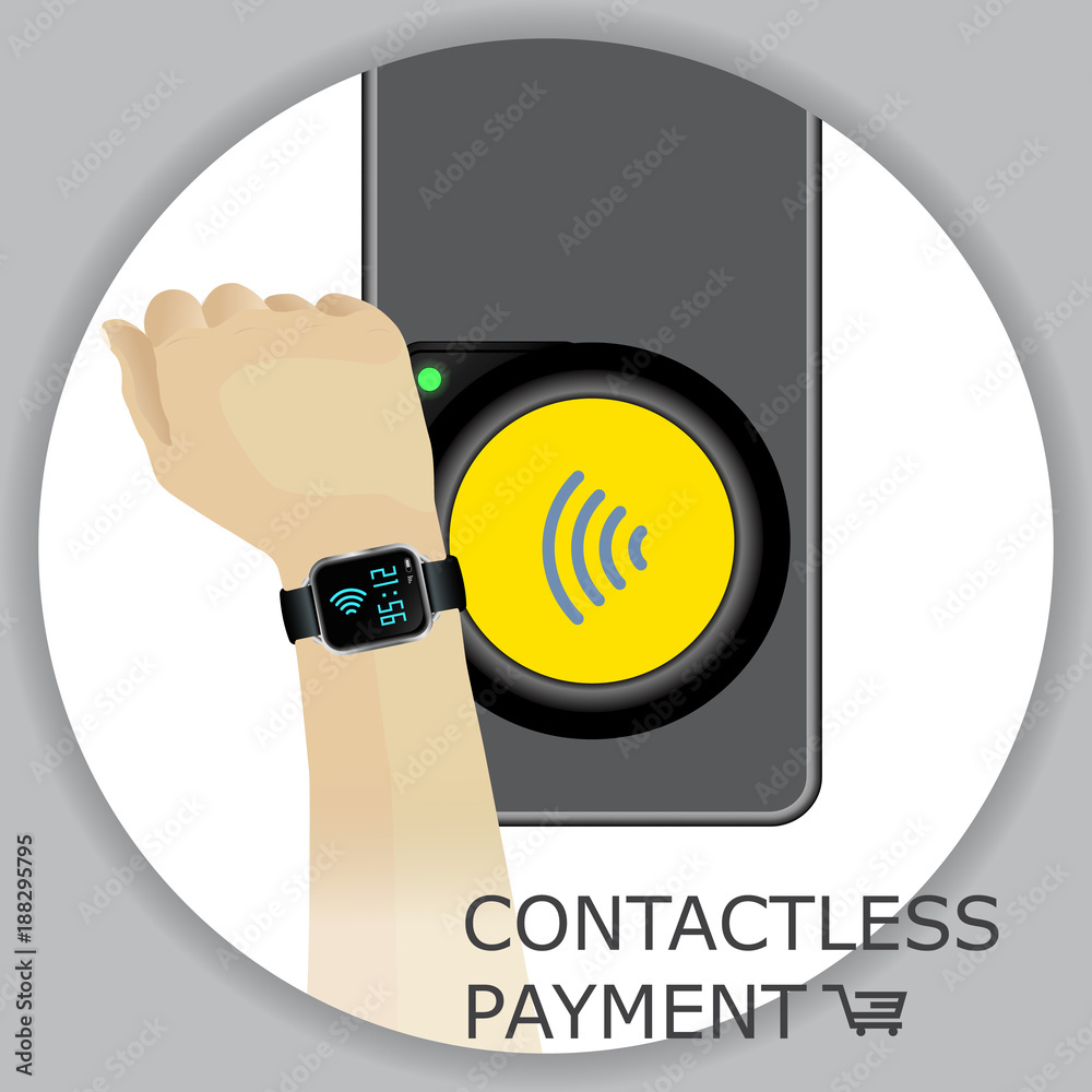 Airport, metro, subway ticket terminal for wireless payments. RFID. Hand  with smartwatch for transport payment gate. Vector. Stock Vector | Adobe  Stock