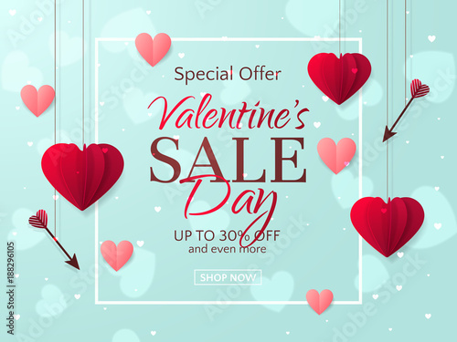 Vector romantic template of sale flyers and banners for Valentine’s Day. Festive background with red paper hearts and arrows for discount and special offers. With place for text.