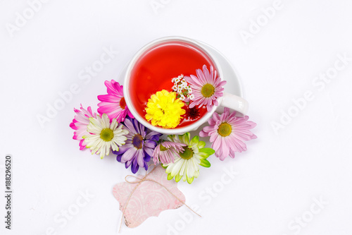 Bright Flowers in Teacup with Gift Tag
