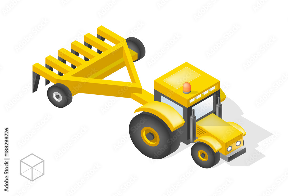 Set of Isolated Isometric Minimal City Elements . Tractor with Shadows on White Background Set of Isolated Isometric Minimal City Elements . Tractor with Shadows on White Background
