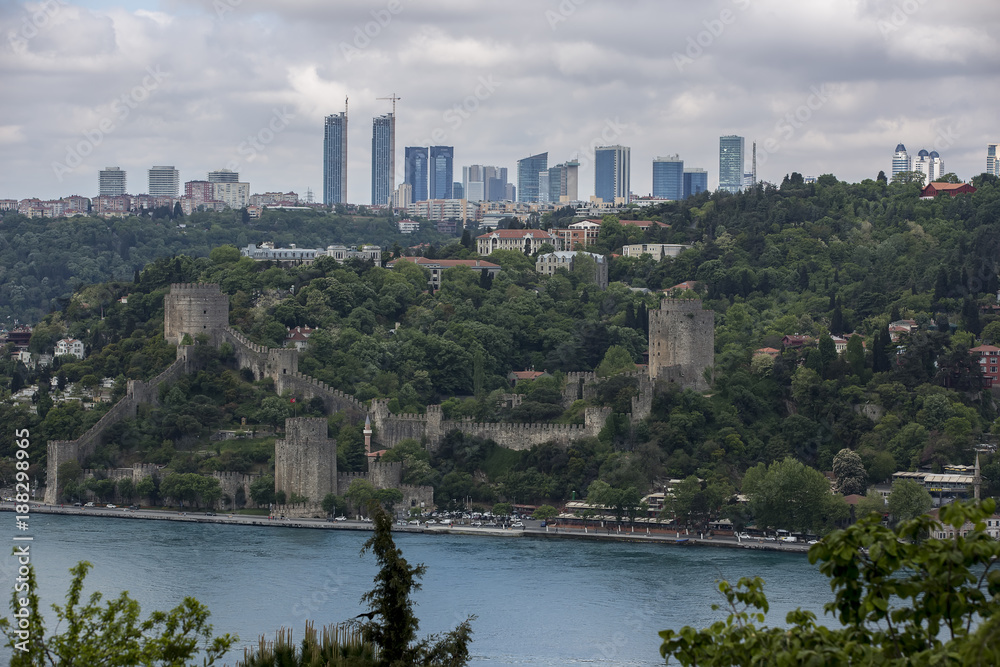 One of the towers of Rumeli Fortress overlooks the Bosphorus Strait in Istanbul, Turkey.istanbul throat transport