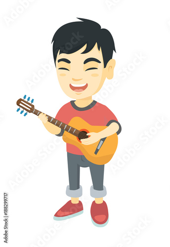 Asian cheerful boy  singing and playing the acoustic guitar. Full length of happy boy with a guitar. Vector sketch cartoon illustration isolated on white background.