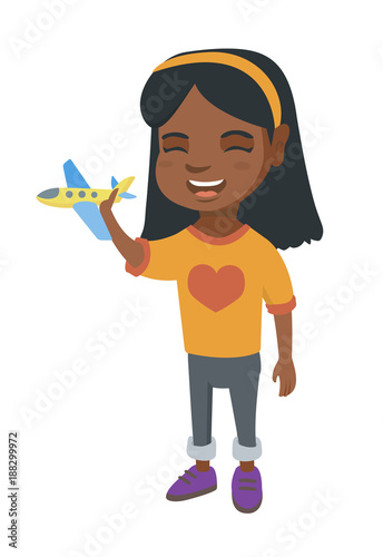 African-american cheerful girl playing with a toy airplane. Full length of happy smiling little girl with a toy plane. Vector sketch cartoon illustration isolated on white background.