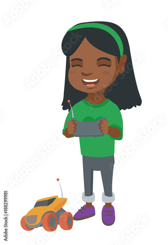 African-american cheerful girl playing with a radio-controlled car. Girl holding remote control and playing with the electric car. Vector sketch cartoon illustration isolated on white background.