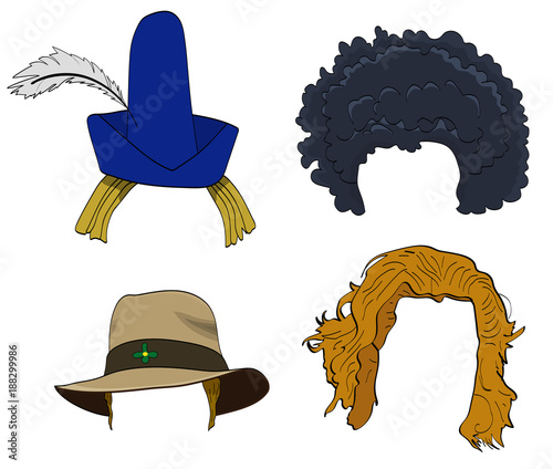 Vector cartoon doodle set of wigs with hats, afro wig on a white background.