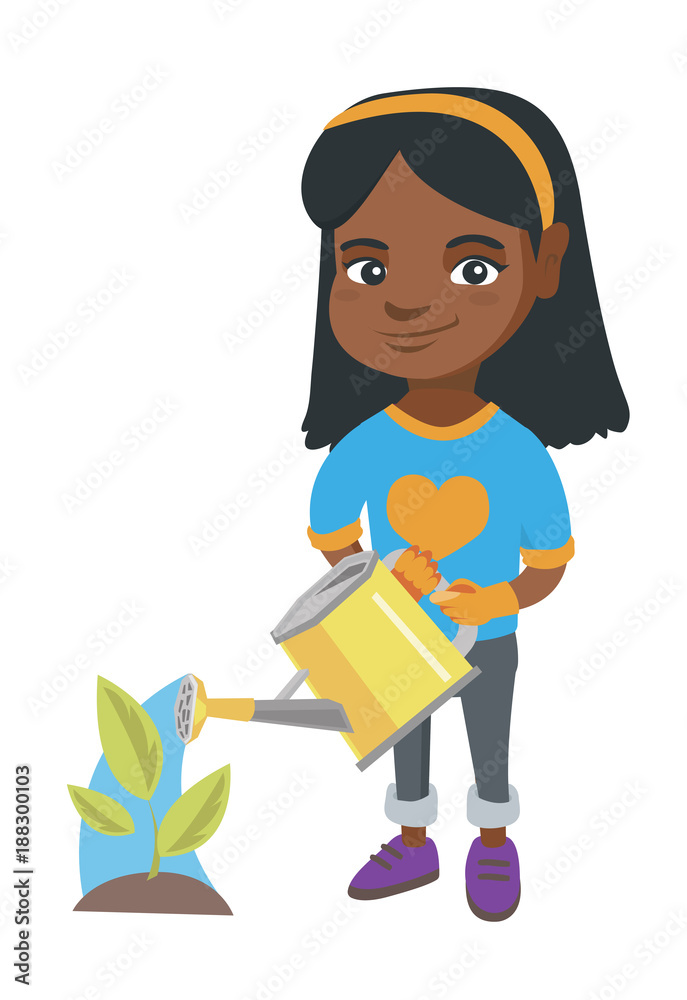 African-american girl wearing garden gloves and watering plant with a watering can. Little girl gardening and watering a plant. Vector sketch cartoon illustration isolated on white background.