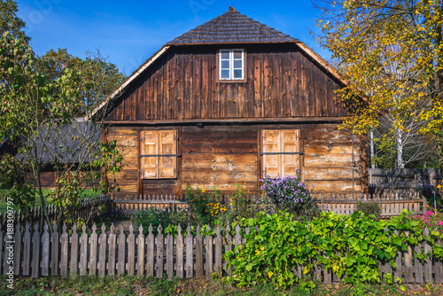 Old wooden traditional house in heritage park of Kampinos Forest in Poland