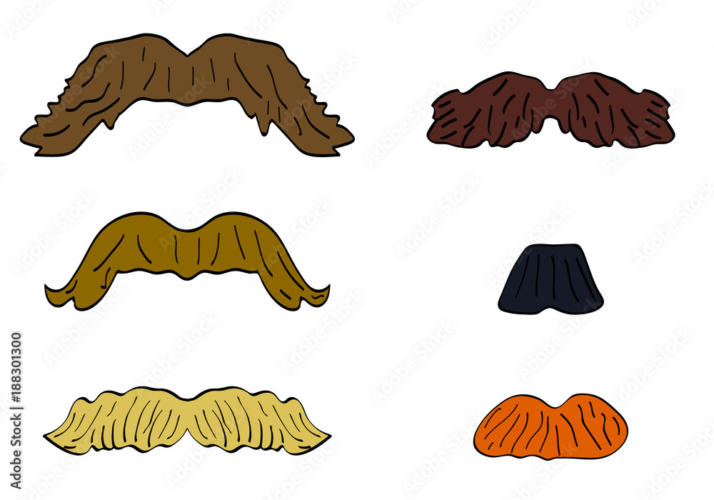 Fototapeta premium Vector cartoon doodle set of moustaches on a white background in different styles: painter's brush, english, chevron, handlebar, lampshade, toothbrush