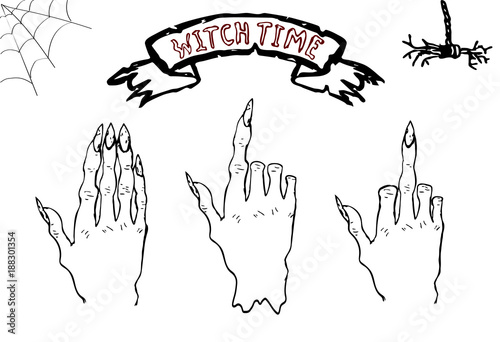 Vector set of witch hands with different gestures.