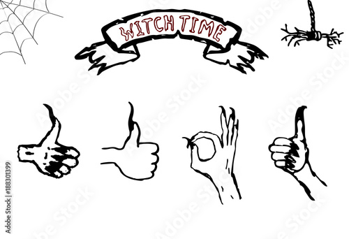 Vector set of witch hands with different gestures. Thumbs up and ok symbols.