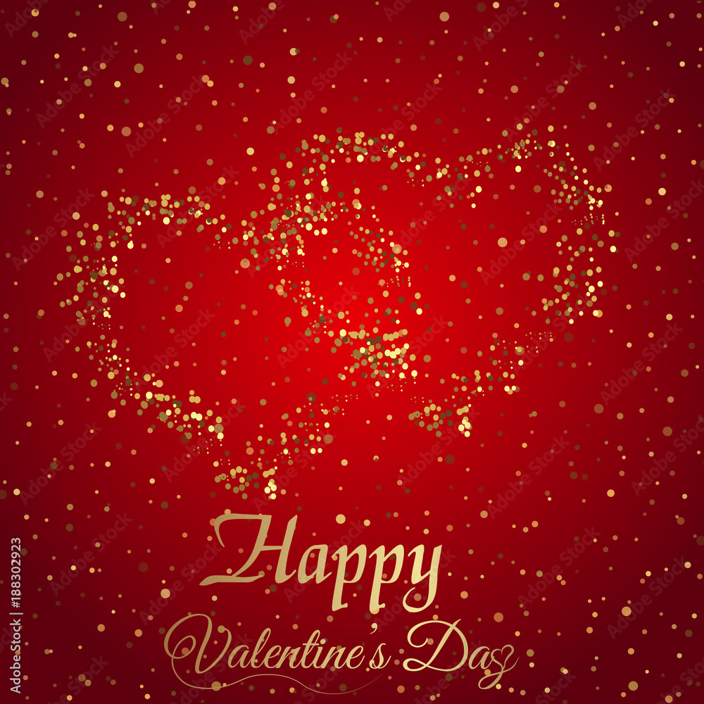 Valentine's day greeting card with sparkle gold heart and text on red background. Vector