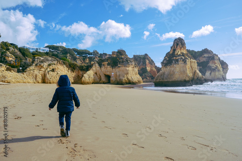Landscape the rocks and cliffs, scenic ocean beach coastline Algarve Portugal, Europe. Sunny day, 2018. Panoramic nature beauty seascape view
