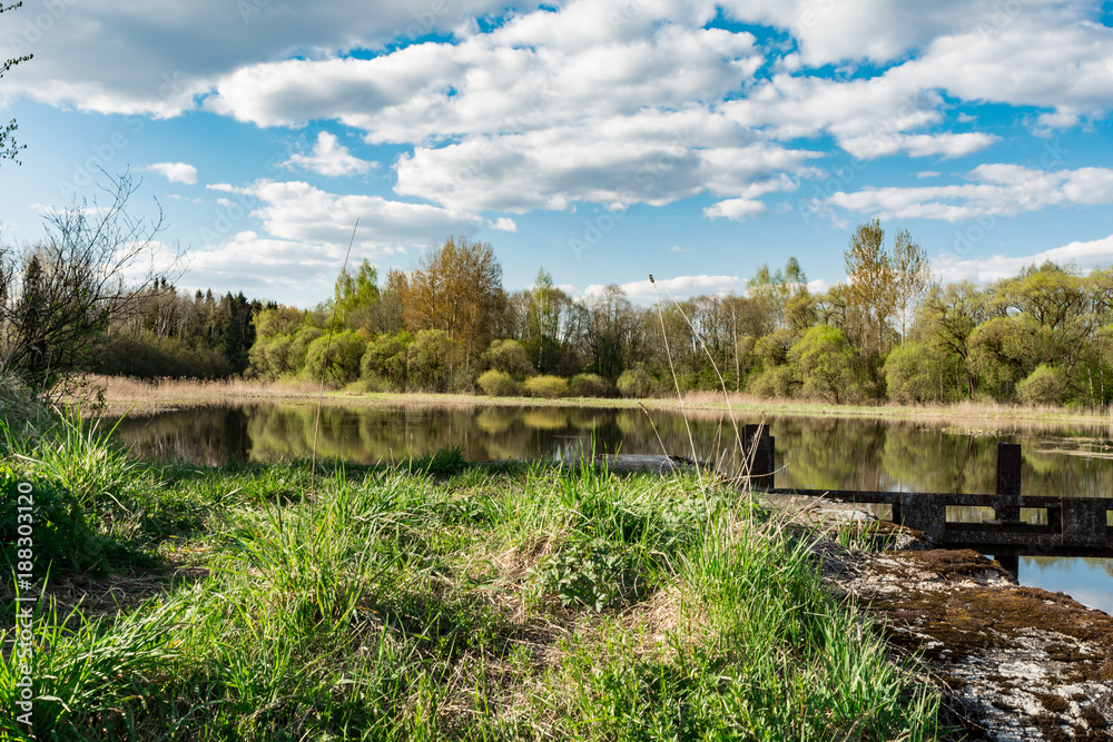 The bay of the river, in calm water reflects a blue sky with clouds, dry vegetation, a spring sunny day The bay of the river, in calm water reflects a blue sky with clouds, dry vegetation, a spring sunny day