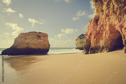 Landscape of the rocks, cliffs and ocean beach coastline Algarve Portugal, Europe. Sunny day, 2018. Panoramic nature beauty seascape, sunshine view