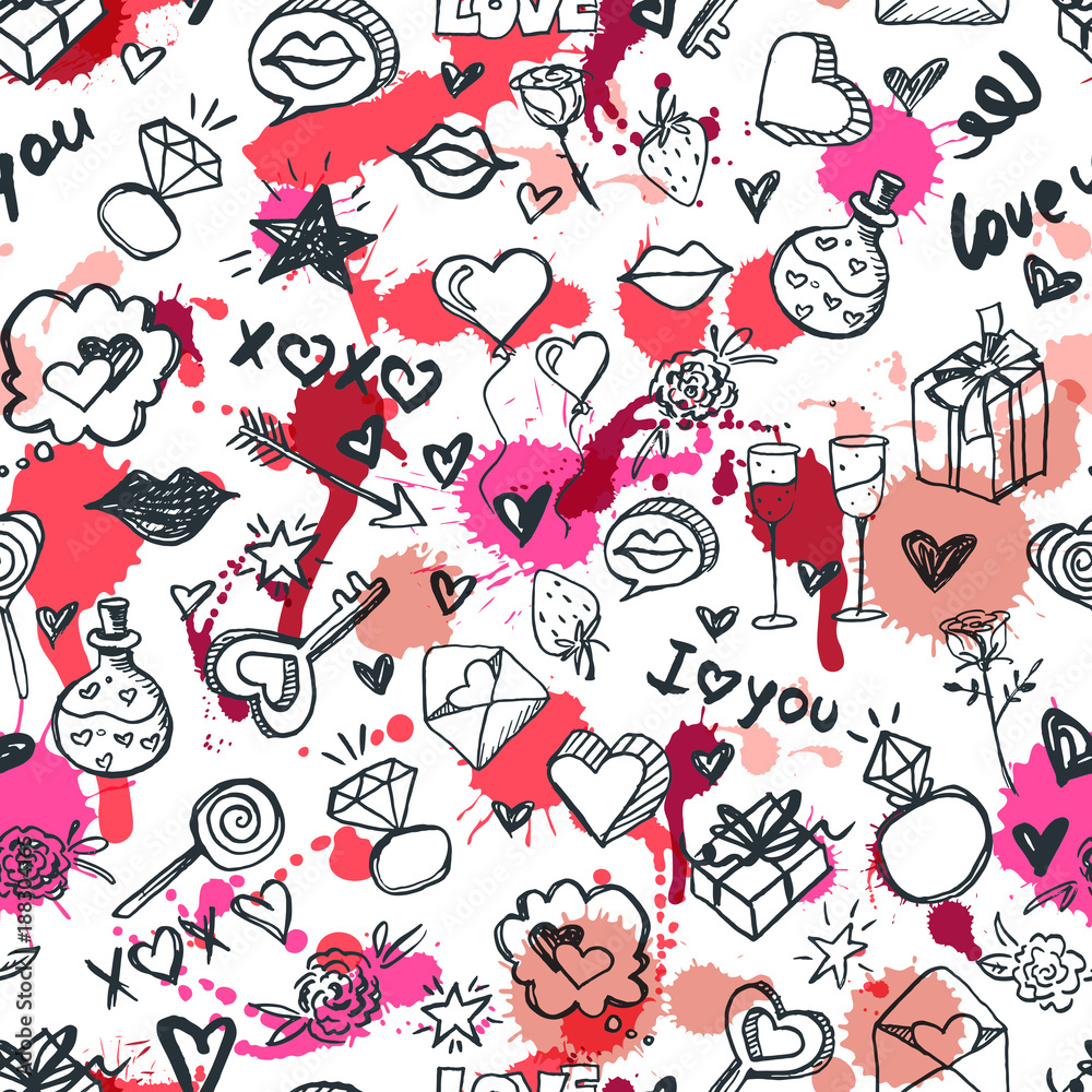 Vector doodle romantic seamless pattern. Design for fashion textile print, wrapping, valentines day backgrounds.