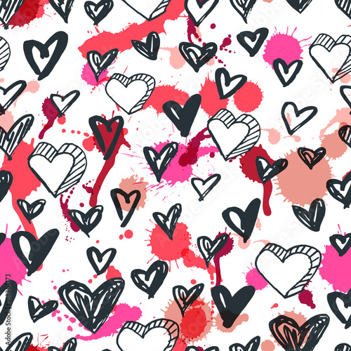 Vector seamless hearts pattern. Black and white sketched ink heart icons and ...