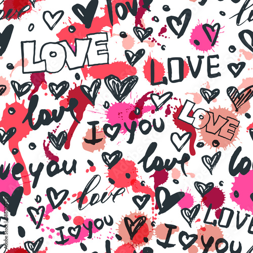 Vector seamless pattern with hand drawn hearts and word love. Black and white sketched ink icons and watercolor stains