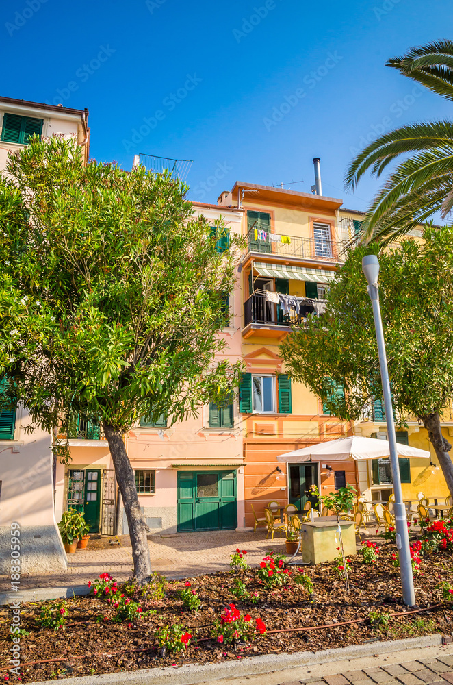 Fototapeta premium Narrow streets and traditional buildings of Celle Ligure, Liguria, Italy