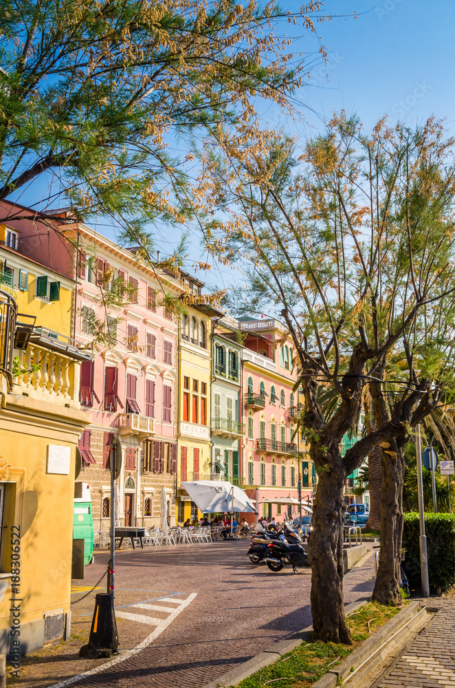 Narrow streets and traditional buildings of Celle Ligure, Liguria, Italy Narrow streets and traditional buildings of Celle Ligure, Liguria, Italy