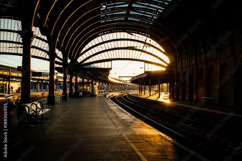 The inside of York train station in the evening.